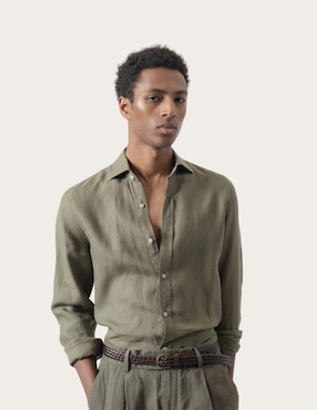 Camisa casual Puroego de lino manga larga para hombre