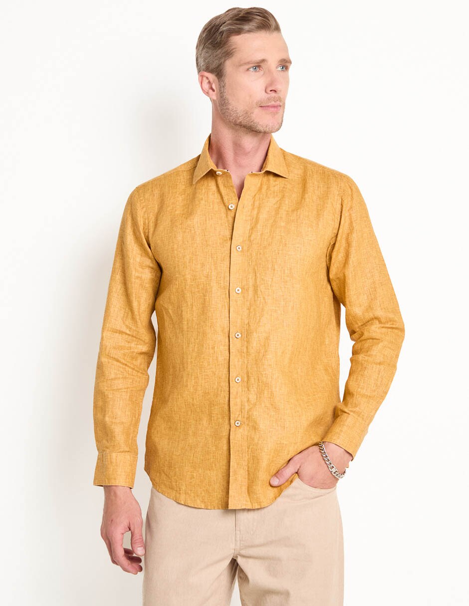Camisa casual Calderoni de lino manga larga para hombre